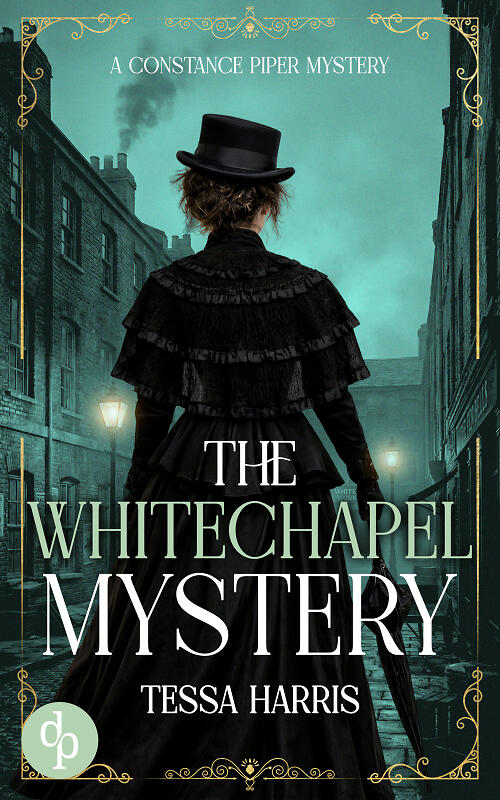 The Whitechapel Mystery Cover with a Victorian woman facing a turquoise-coloured London backdrop