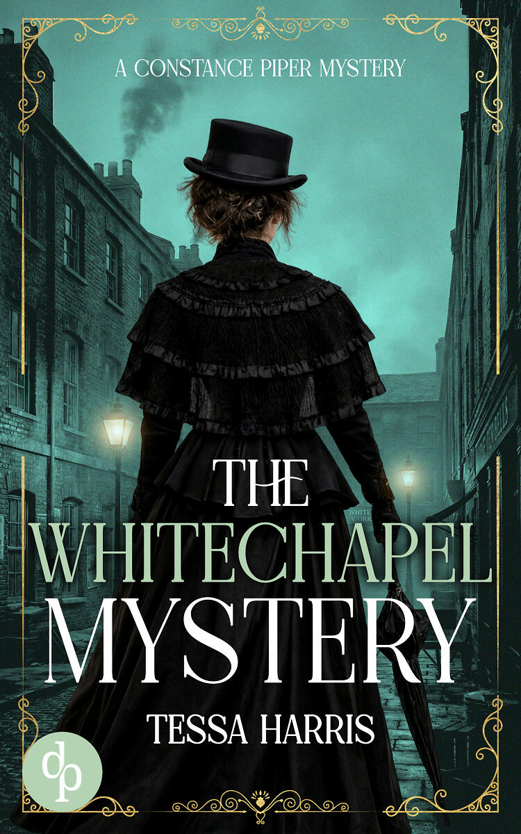 The Whitechapel Mystery Cover with a Victorian woman facing a turquoise-coloured London backdrop