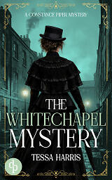 The Whitechapel Mystery Cover with a Victorian woman facing a turquoise-coloured London backdrop
