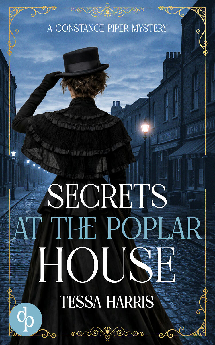 Secrets at the Poplar House cover featuring Victorian woman wearing a hat in front of a Whitechapel background
