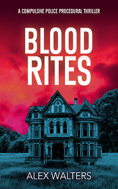 Blood Rites cover with gothic house in front of dramatic red-pink sky