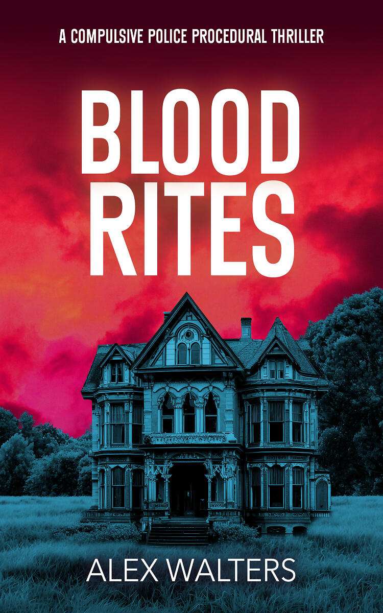 Blood Rites cover with gothic house in front of dramatic red-pink sky