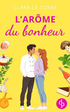 L'arôme du bonheur cover, un couple qui s'embrasse devant un fond jaune parmi plusieurs produits alimentaires