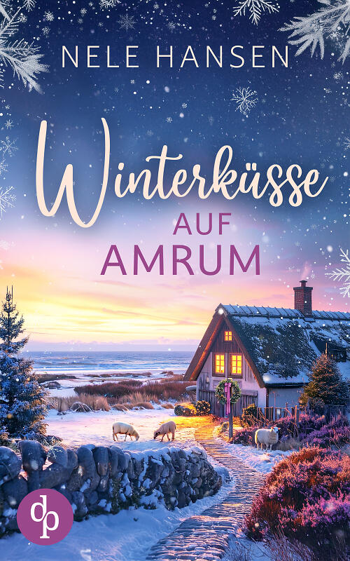Winterküsse auf Amrum Cover: Ein Gutshof im Dunklen, vor der Nordseeküste mit Schafen vor dem Haus, Tannen und Heide