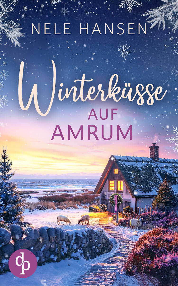 Winterküsse auf Amrum Cover: Ein Gutshof im Dunklen, vor der Nordseeküste mit Schafen vor dem Haus, Tannen und Heide