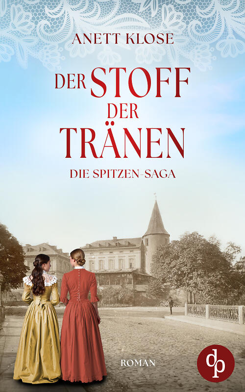 Der Stoff der Tränen Cover – Zwei Frauen stehen mit dem Rücken zur Kamera und schauen auf ein Gebäude