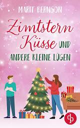 Zimtsternküsse und andere kleine Lügen rosafarbenes Cover mit einer Frau, die den Weihnachtsbaum schmückt und einem Mann, der genervt die Arme vor der Brust verschränkt (illustriert)