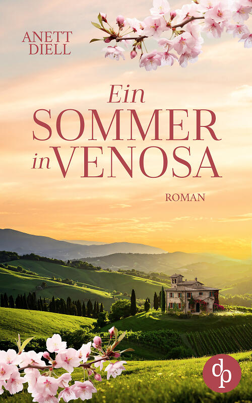 Ein Sommer in Venosa (Cover) zeigt ein Herrenhaus in der südlichen Landschaft Italiens. Im Hintergrund sind leichte Berge zu sehen. Im Vordergrund ragen jeweils oben und unten zwei Mandelblütenzweige hinein