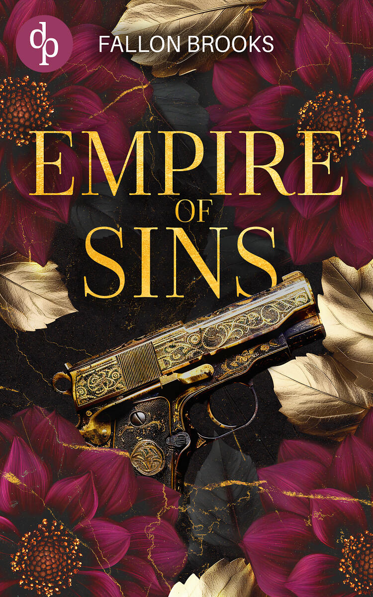 Empire of Sins (Cover) – Zeigt das Cover des Romans: Eine goldene Pistole im Vordergrund unter der Titelei. Drumherum dunkelrote Blumen mit goldenen Verzierungen und goldenen Blättern