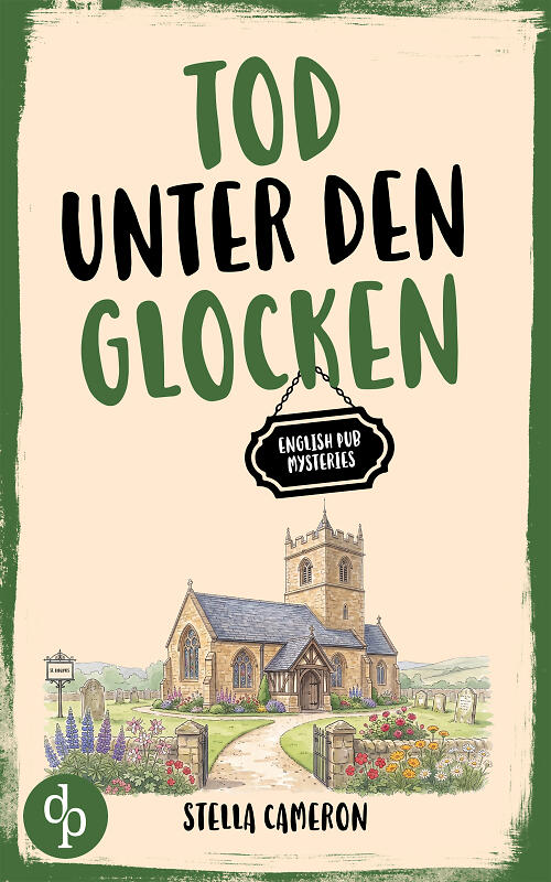 Tod unter den Glocken Cover mit kleiner britischer Dorfkirche und knallig-grüner Titelei