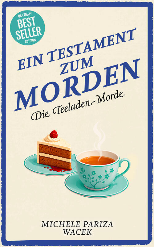 Ein Testament zum Morden Cover mit einer Tasse Tee und einem Stück Kuchen