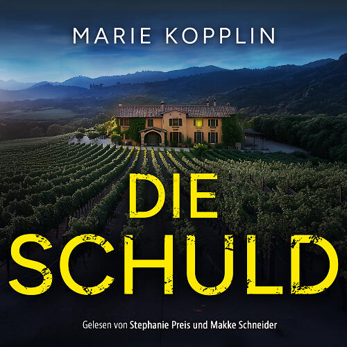 Die Schuld Audiobook-Cover mit spanischem Haus vor dramatischem Himmel