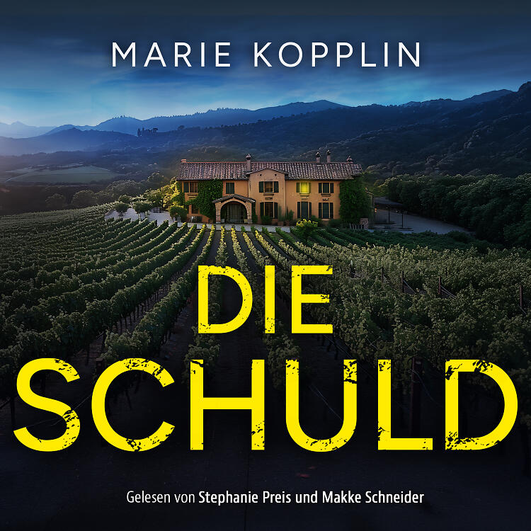 Die Schuld Audiobook-Cover mit spanischem Haus vor dramatischem Himmel