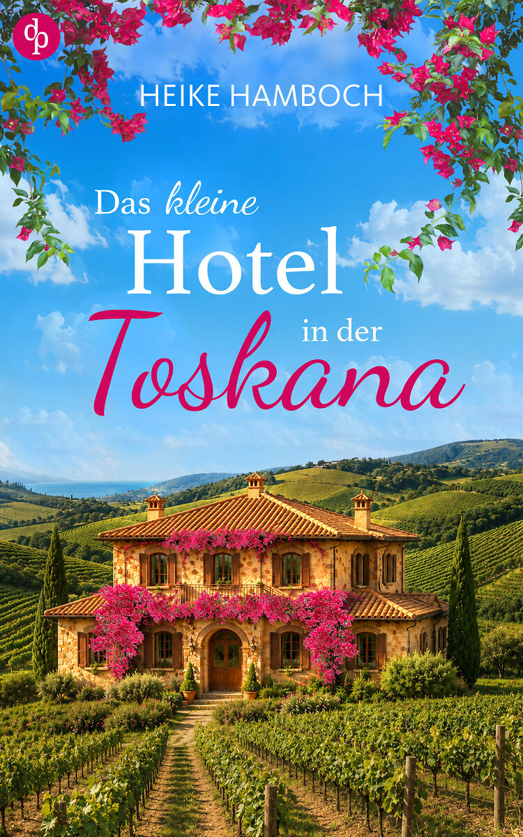 Das kleine Hotel in der Toskana zeigt ein kleines Hotel inmitten grüner Landschaft. Pinke Blumen wachsen um das Haus herum und im Vordergrund sind Weinreben.