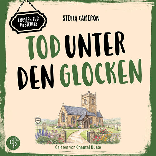 Tod unter den Glocken Audio-Cover mit britischer Dorfkirche und knallig-grüner Titelei
