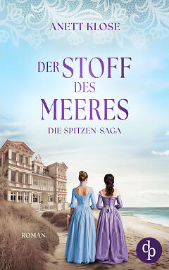 Der Stoff des Meeres Cover. Zeigt zwei Frauen, die vor einer Villa am Strand Usedoms stehen. Den Blick auf das Gebäude gerichtet. Rechts ist der Strand und das Meer und links Dünengras