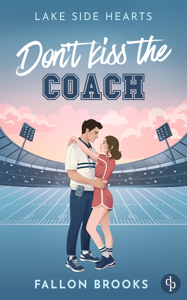 Don't kiss the Coach Cover zeigt ein junges Pärchen in Sportkleidung, die sich liebevoll in die Augen blicken, inmitten eines Stadions. Im Hintergrund Wolken. Das Cover ist illustriert und in Blautönen gehalten.