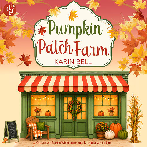 Pumpkin Patch Farm Audiobook Cover zeigt einen kleinen grünen Laden mit Kürbissen im Vordergrund und einem großen Schild über der Markise. Links daneben befindet sich ein kleines Aufstellerschild