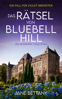 Das Rätsel von Bluebell Hill Cover mit blauen Blumen vor altem britischen Gebäude