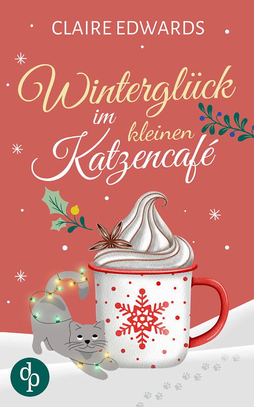 Winterglück im kleinen Katzencafé Cover mit orangenem Hintergrund, einer großen Tasse Kakao und einer grauen Katze daneben, die eine Lichterkette umwickelt hat