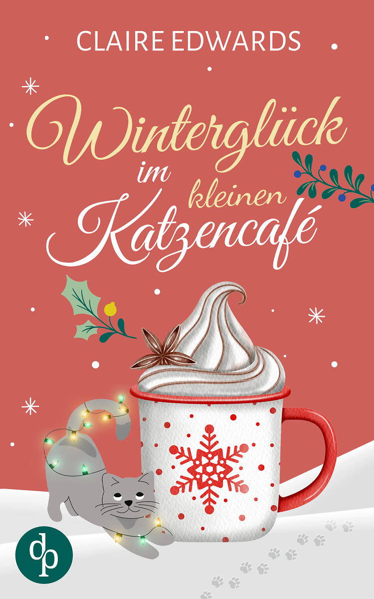 Winterglück im kleinen Katzencafé Cover mit orangenem Hintergrund, einer großen Tasse Kakao und einer grauen Katze daneben, die eine Lichterkette umwickelt hat