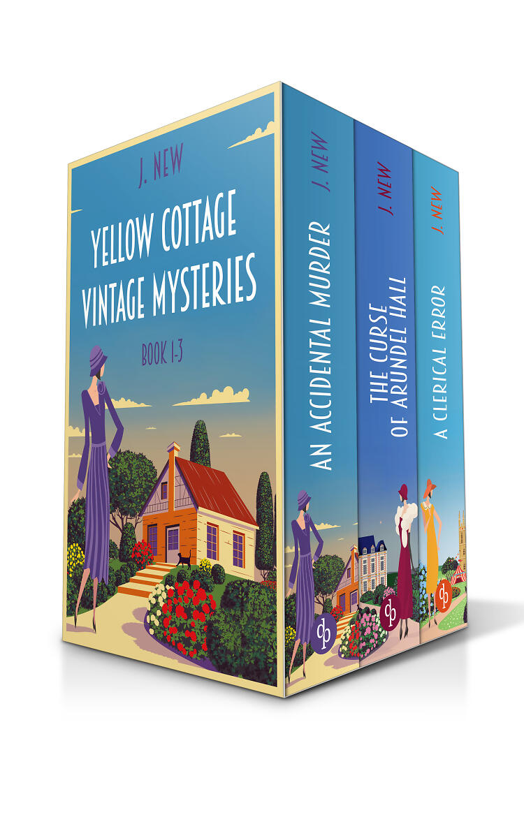 Yellow Cottage Vintage Mysteries Omnibus Cover with box set featuring all three historical crime covers