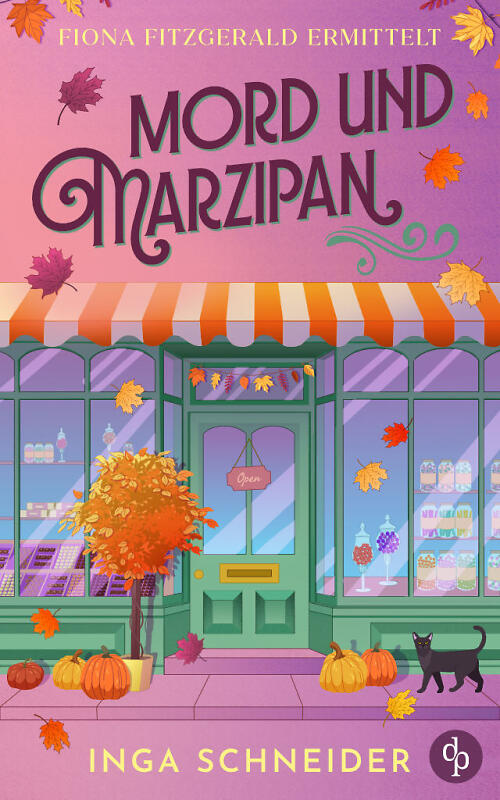 Mord und Marzipan Cover mit illustriertem Bonbonladen, der herbstlich dekoriert ist