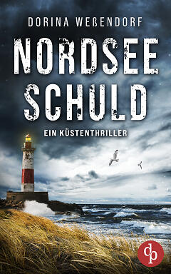 Nordseeschuld Cover mit düsterer Nordseeküste und Leuchtturm und Dünen im Hintergrund