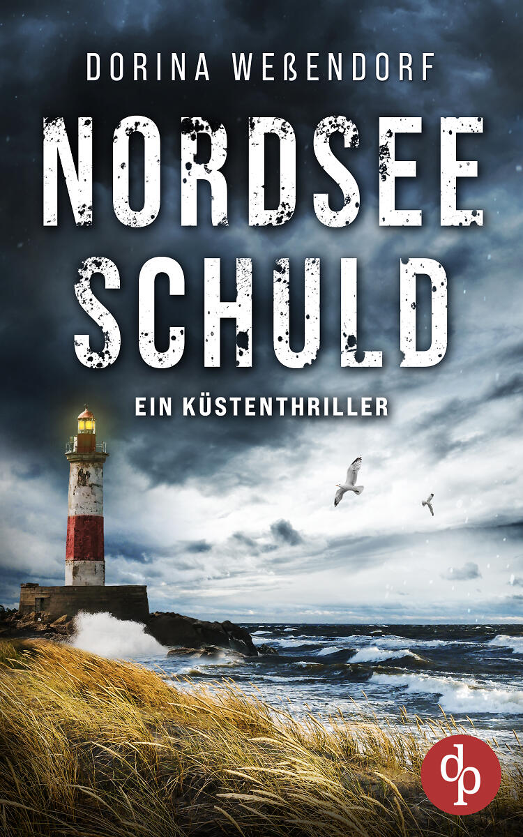 Nordseeschuld Cover mit düsterer Nordseeküste und Leuchtturm und Dünen im Hintergrund